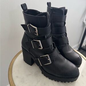 Black Buckle Strap Ankle Boots